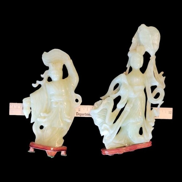 Set of 4 Vintage GESHIA's Asian Italy Green Jadeite Glass Figurines Wood Base - Picture 14 of 16